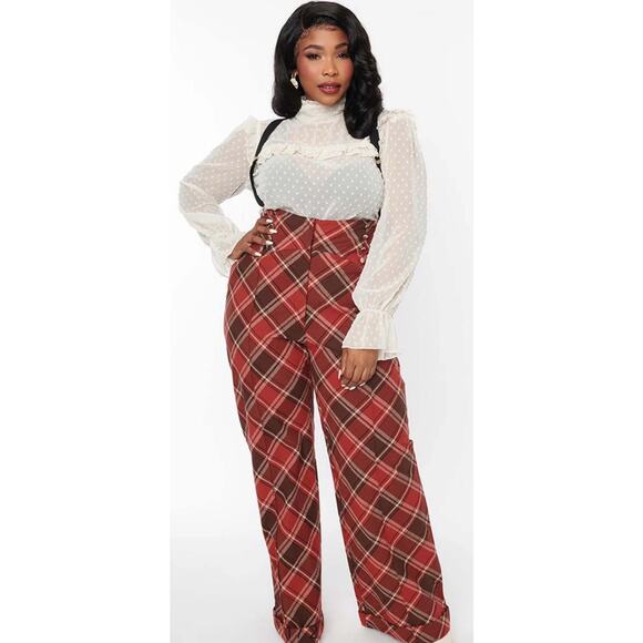 Unique Vintage Womens Suspenders Plaid Pants Red Brown Wide Leg Size 1X/16 NWOT - Picture 1 of 12